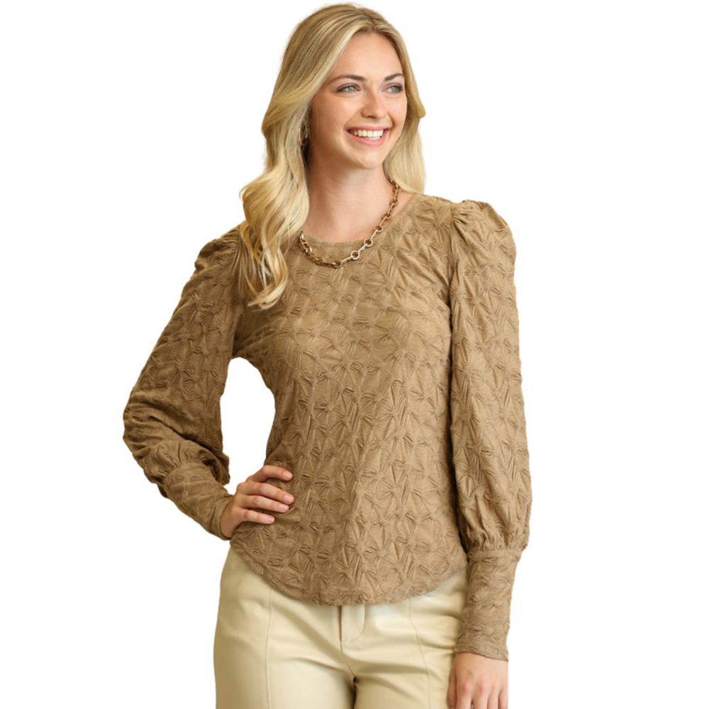 Taupe Knit Puff Sleeve Top
